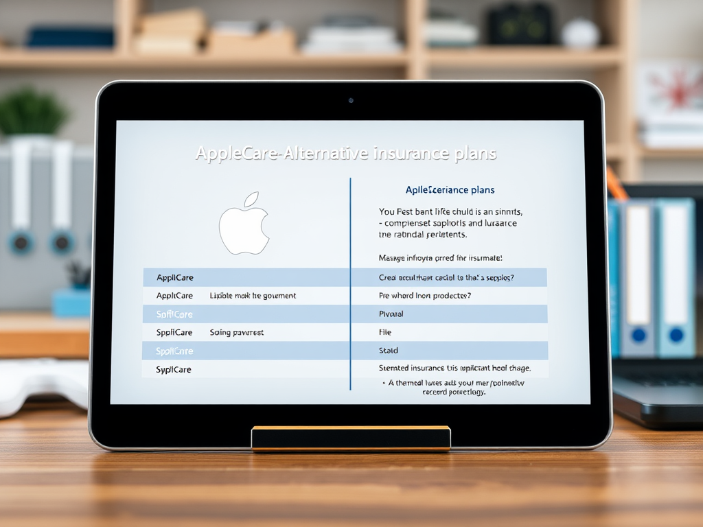 На изображении представлен планшет с текстом о планах страхования AppleCare и их альтернативам.