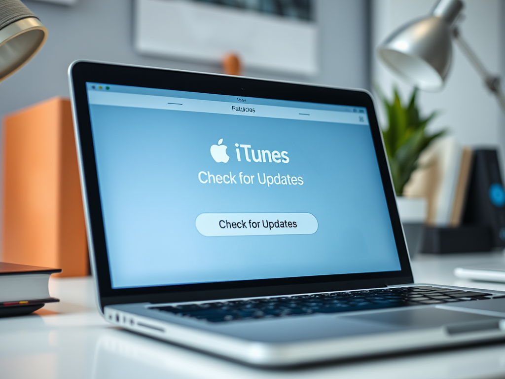 На экране ноутбука открыто приложение iTunes с кнопкой проверки обновлений.